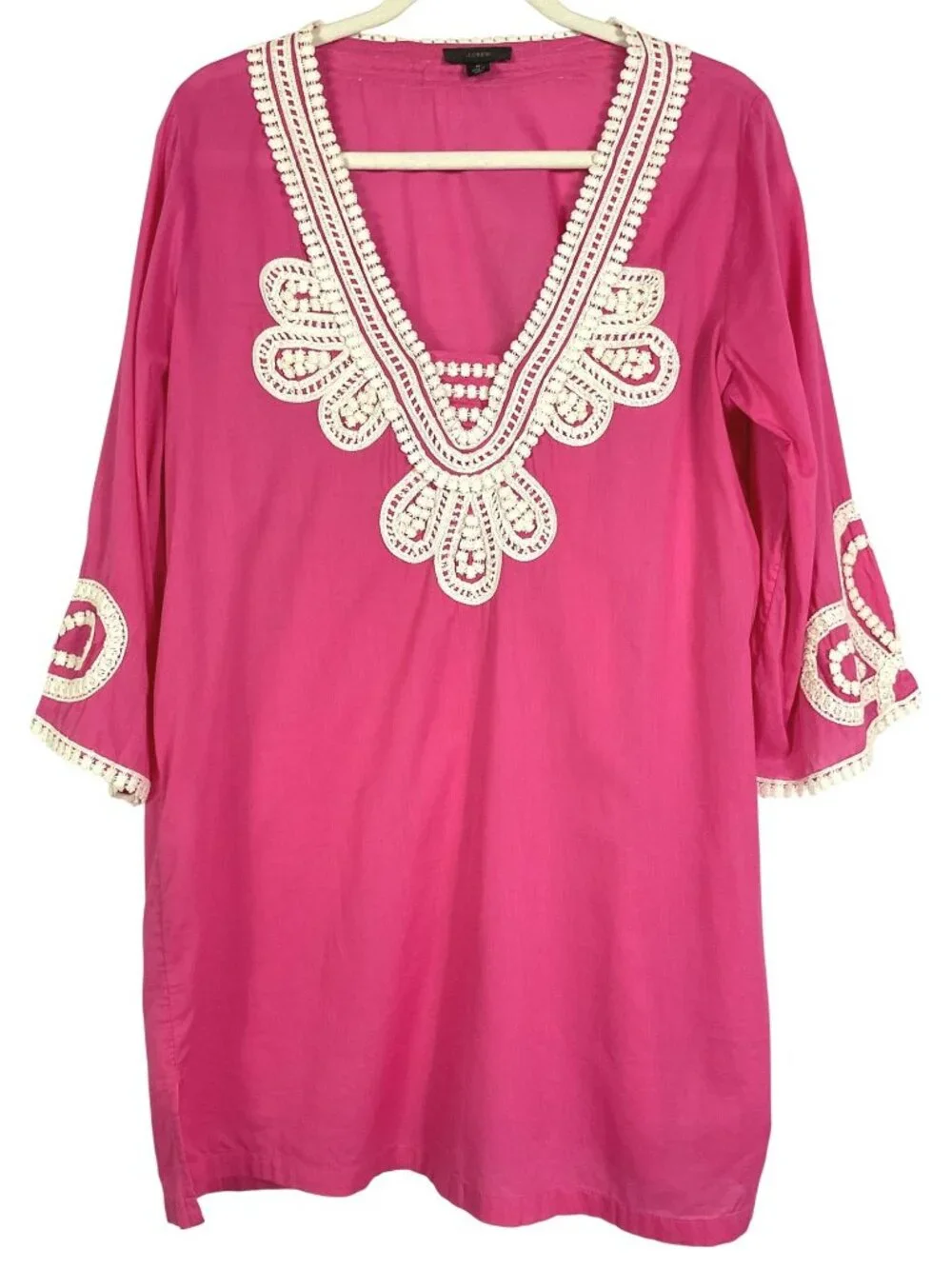 J.Crew Hot Pink Cotton Tunic Top Crochet Lace Beach Cover Up Medium Boho